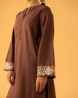 Elegant brown cambric suit for women with embroidered neckline and sleeves