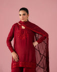 Elegant crimson raw silk Pakistani suit with embroidery