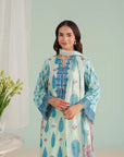 Elegant embroidered white and blue lawn suit with cambric trouser and chiffon dupatta – Beyond East collection in Gulbahar Peshawar