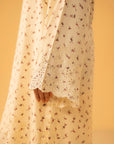 Elegant linen suit women in cream with printed tunic and wide-leg palazzo pants