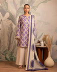 Elegant printed lawn dress design featuring an ikkat-patterned shirt with a bold Monark dupatta in striking purple hues on an off-white base.