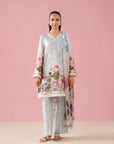 Elegant sky pink 3-piece embroidered lawn suit with digital printed shirt, cambric trousers, and chiffon dupatta, featuring a dyed organza border ideal for women in Sargodha's Canal Palms Phase 4 Pakistan
