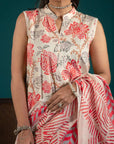 Elegant summer lawn suit with intricate digital prints, a bold red monark dupatta, and matching cambric trousers for a complete look.