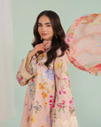 Elegant unstitched lawn suits online – peach 3-piece embroidered lawn with chiffon dupatta and cambric trouser, ethnic summer wear for women in Pakistan & abroad