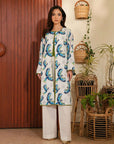 Elegant white and blue printed kurta for women - stylish Pakistani casual wear for summer.