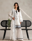 Elegant white monochrome embroidered lawn suit with dupatta and wide-leg trousers.