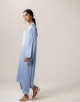 Elegant women’s solid blue blended suit with V neckline