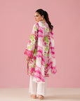 Faisalabad women’s 3 piece embroidered lawn suit – beautiful unstitched white & pink digital printed lawn shirt, organza border, and chiffon dupatta