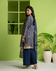 Fancy unstitched 3 piece blue dress material, digital printed cambric shirt, best for parties in Pakistan