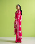 Fancy unstitched fuchsia linen dress material, 3 piece digital print suit, best for custom tailoring for parties in Karachi