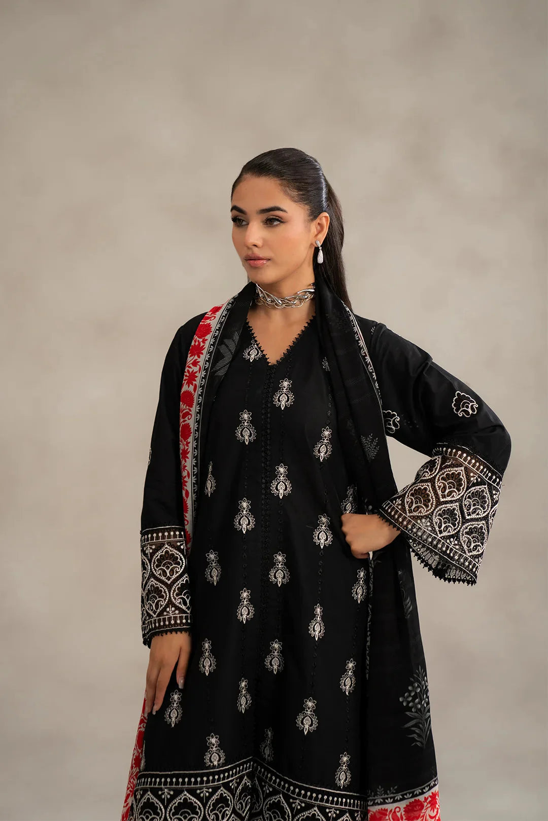 Find monochrome kurta set women online - black 3 piece lawn suit unstitched embroidered red border