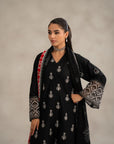 Find monochrome kurta set women online - black 3 piece lawn suit unstitched embroidered red border