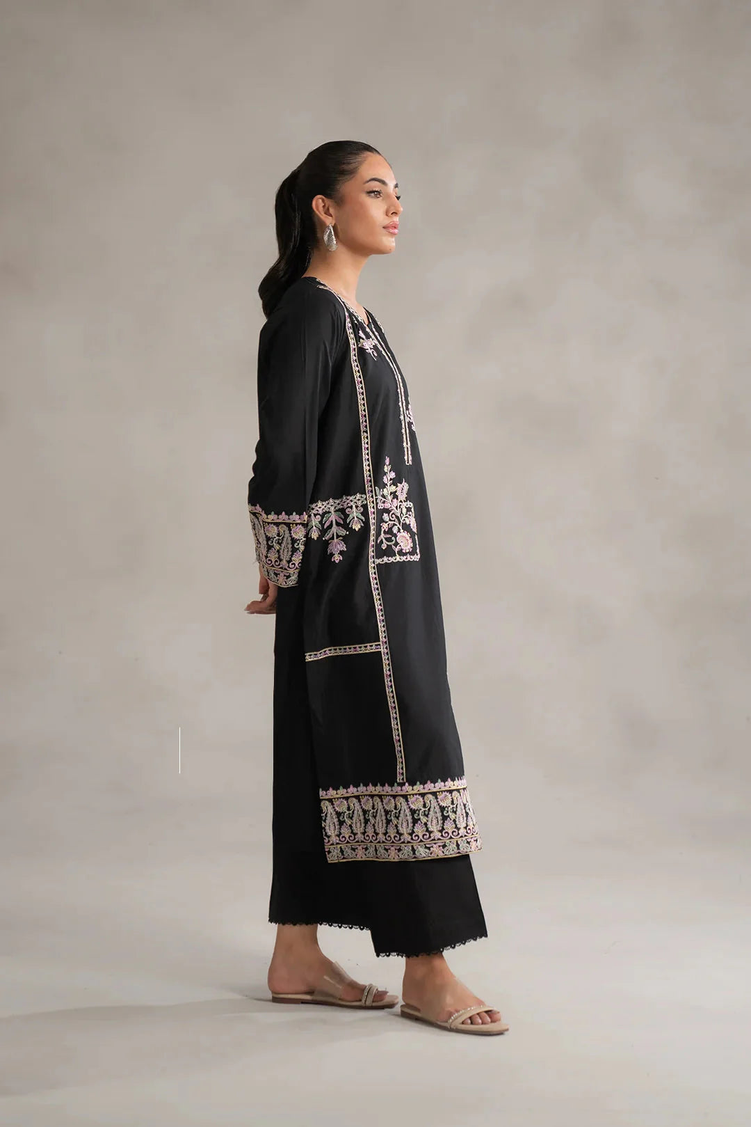 Find monochrome outfits Faisalabad - black 2 piece embroidered lawn dress pink threadwork modest