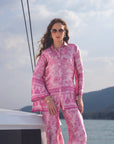 Front standing pose of pink printed silk 2 piece set for women