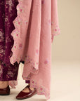 Front view marina fabric 3-piece suit: purple floral kurta, straight pants, and pastel pink dupatta with cutwork trim