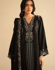 Front view of black 3 piece linen suit with straight trousers and embroidered kurta
