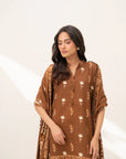 Front view of brown motif printed linen shirt with dyed trousers (3 piece unstitched)
