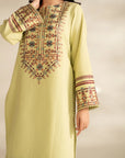 Front view of embroidered khaddar shirt panels on pastel winter unstitched suit