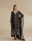 Full-length black embroidered organza 3-piece stitched suit with matching dupatta, front view.
