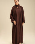 Full-length chocolate brown embroidered abaya back view – women's Islamic wear Pakistan