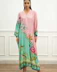 Full-length front pose of pastel printed raw silk kaftan for women