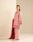 Full-length light pink khaddar outfit showing embroidered neckline and straight silhouette