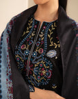 Full-length view of embroidered Marina suit with matching trousers and printed shawl, showing overall silhouette.