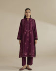Full front view of pink embroidered khaddar 2 piece suit for women, winter wear.