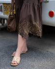 Full length view of dark brown embroidered frock for women