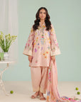 Get Peach 3-piece embroidered lawn suit with digital printed shirt, organza border, cambric trouser, and chiffon dupatta – elegant ladies unstitched lawn suits