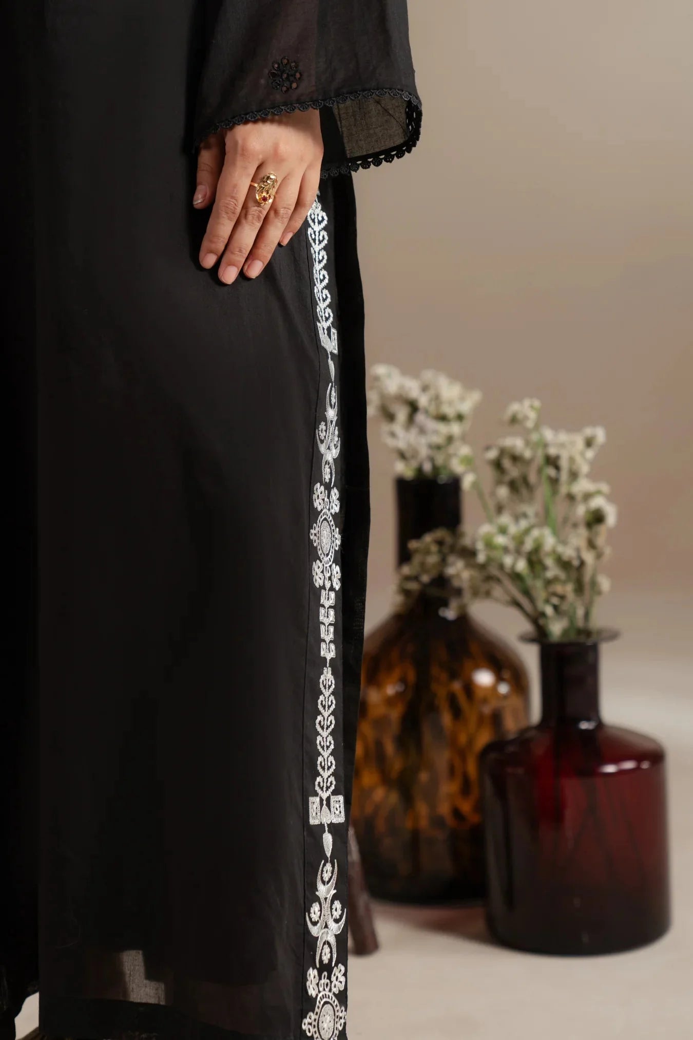 Get monochrome suits in Lahore - black white embroidered lawn outfit 2 piece premium