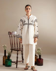 Get white 2 piece embroidered lawn suit delivered - monochrome Pakistani outfit geometric patterns