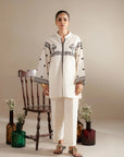 Get white 2 piece embroidered lawn suit delivered - monochrome Pakistani outfit geometric patterns