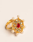 Gold dome Kundan ring ruby red center pearl crown halo women Pakistan Beyond East