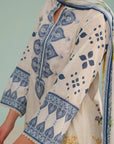 Gujranwala online lawn suits Pakistan fashionable ivory 2 piece unstitched lawn suit with printed shirt and voile dupatta for women