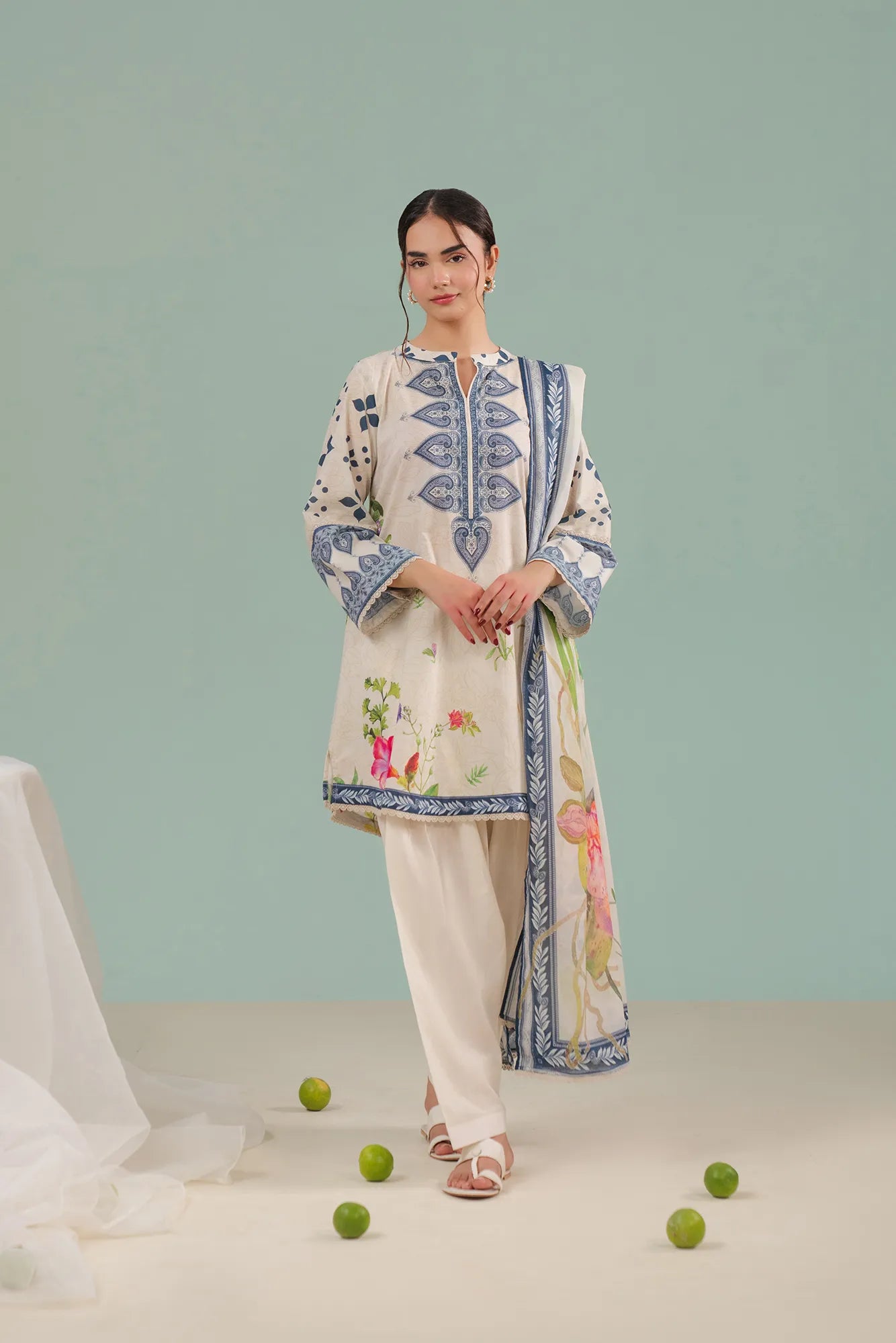 Hyderabad 2 piece lawn suit – elegant ivory unstitched printed lawn shirt with voile dupatta, perfect summer wear for women in Pakistan