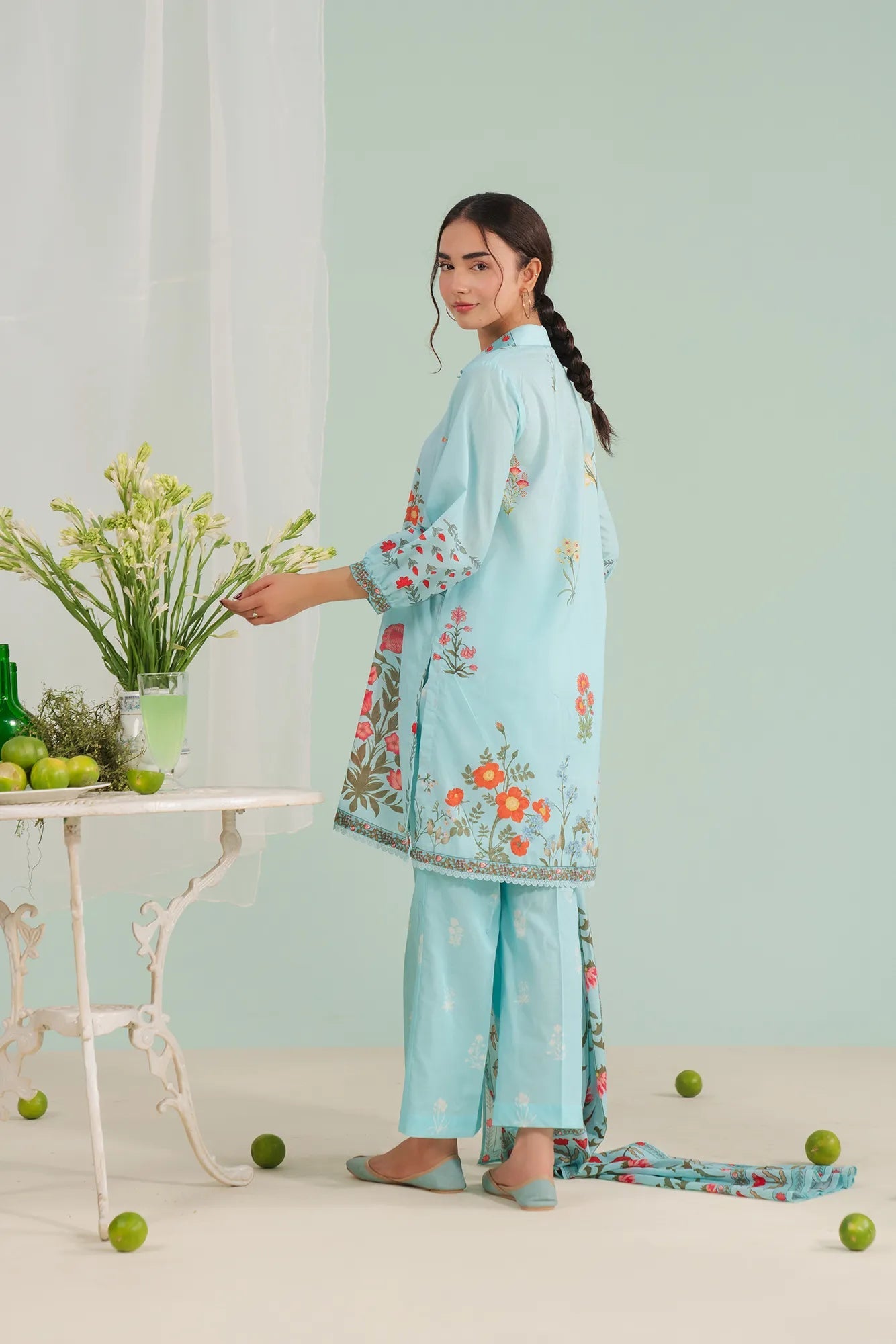 Islamabad online lawn suits Pakistan – elegant 3 piece unstitched suits for women featuring printed shirt, cambric pants, and flowy voile dupatta