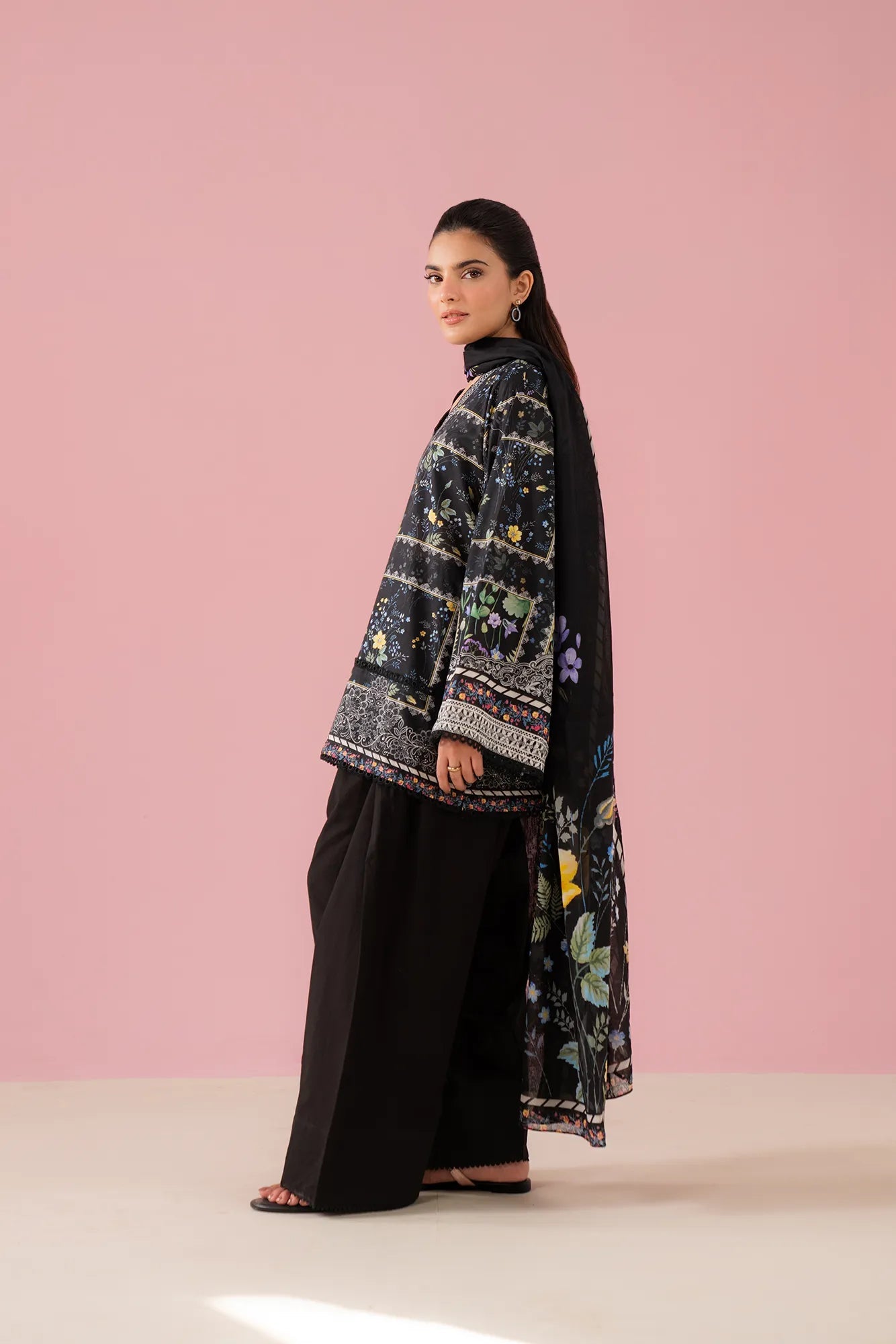 Kuwait City printed lawn suit – stylish black 2 piece unstitched outfit with digital prints and voile dupatta, perfect online lawn suits Pakistan