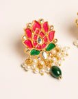 Large Pakistani lotus earrings red emerald Kundan pearl drop bridal festive jewellery women