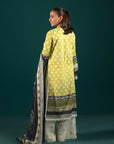 Latest Lawn Suit Design - Printed 3 Piece Dress for Women: This trendy Pakistani lawn suit features a digital printed shirt, comfortable cambric trousers, and a fashionable black dupatta with floral detailing.