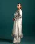 Latest lawn suits collection – an ethereal ash white printed lawn suit with purple and green accents, paired with a digitally printed chiffon dupatta.