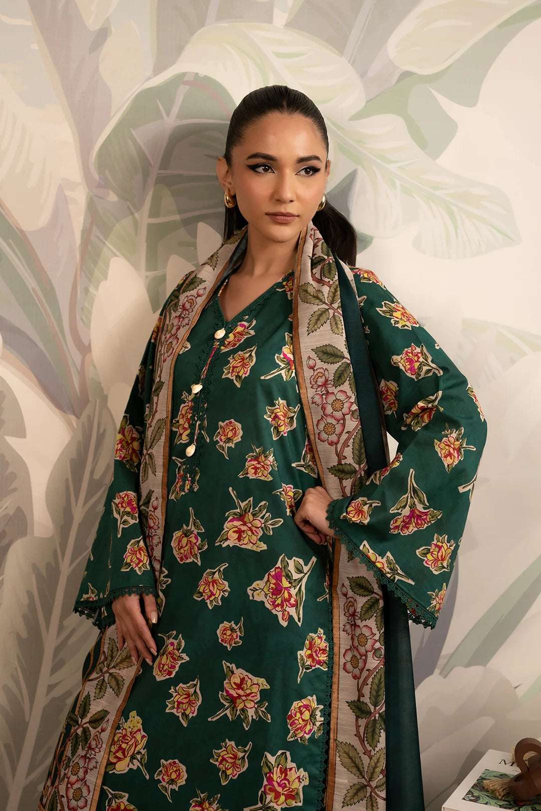 Latest printed lawn suit for women – premium digital print in green tones with a contrast border dupatta for a refined, graceful look.