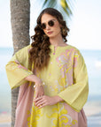 Lemon yellow printed lawn kaftan for women front view