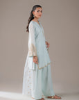 Light blue dot jamawar embroidered suit – 3 piece Pakistani outfit with gold and silver embroidery, sheer organza dupatta, and plain trousers for stylish formal occasions.