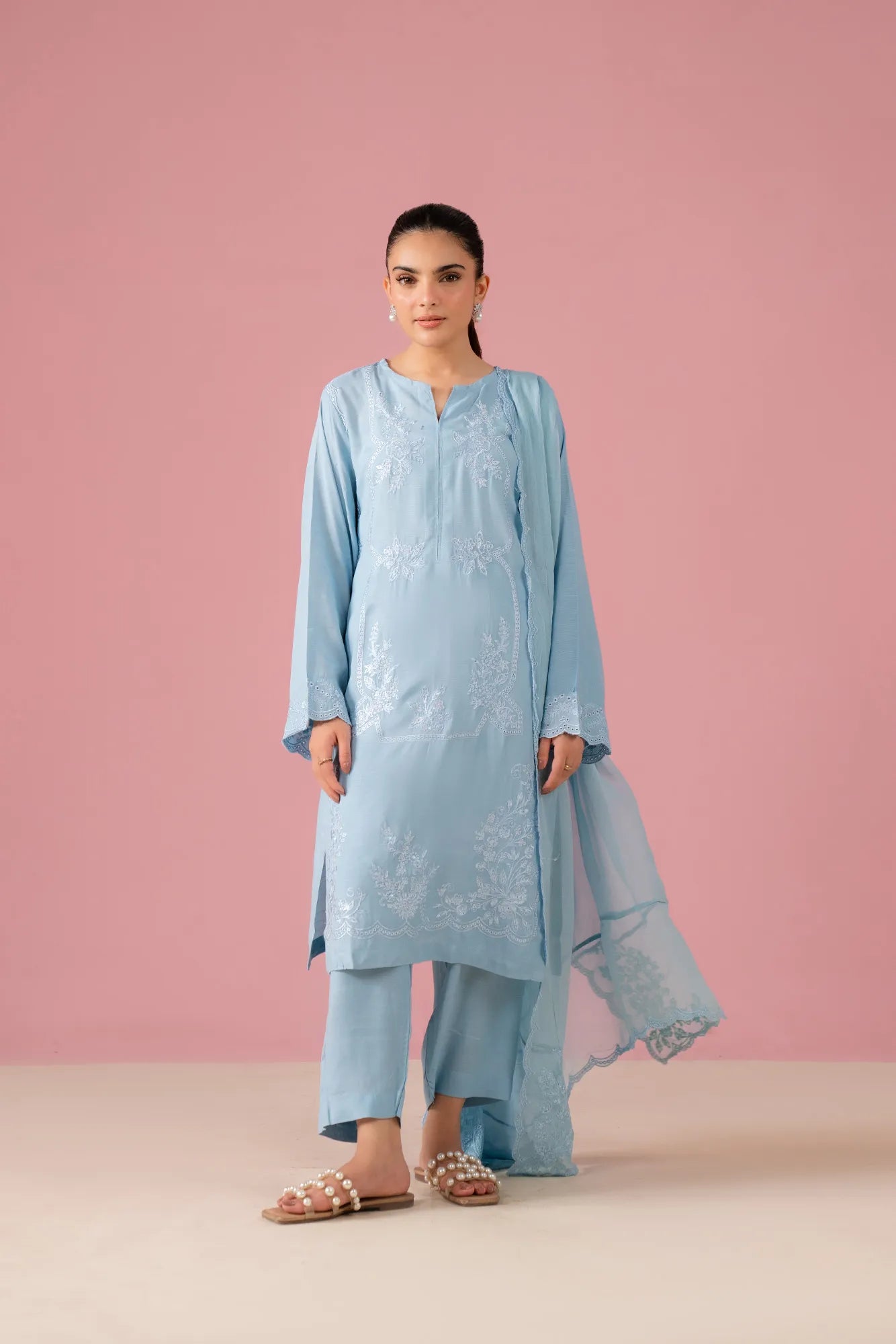 Light blue embroidered raw silk suit at best price in Pakistan