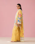 London unstitched ladies suit – elegant yellow 3 piece digital printed lawn with cambric trouser and voile dupatta, Pakistani summer fashion online