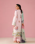 Luxury ladies linen suit – embroidered 3 piece digital print shirt with organza detailing, dyed trouser, and printed doriya dupatta, trending Pakistani fashion in Dubai & Middle East