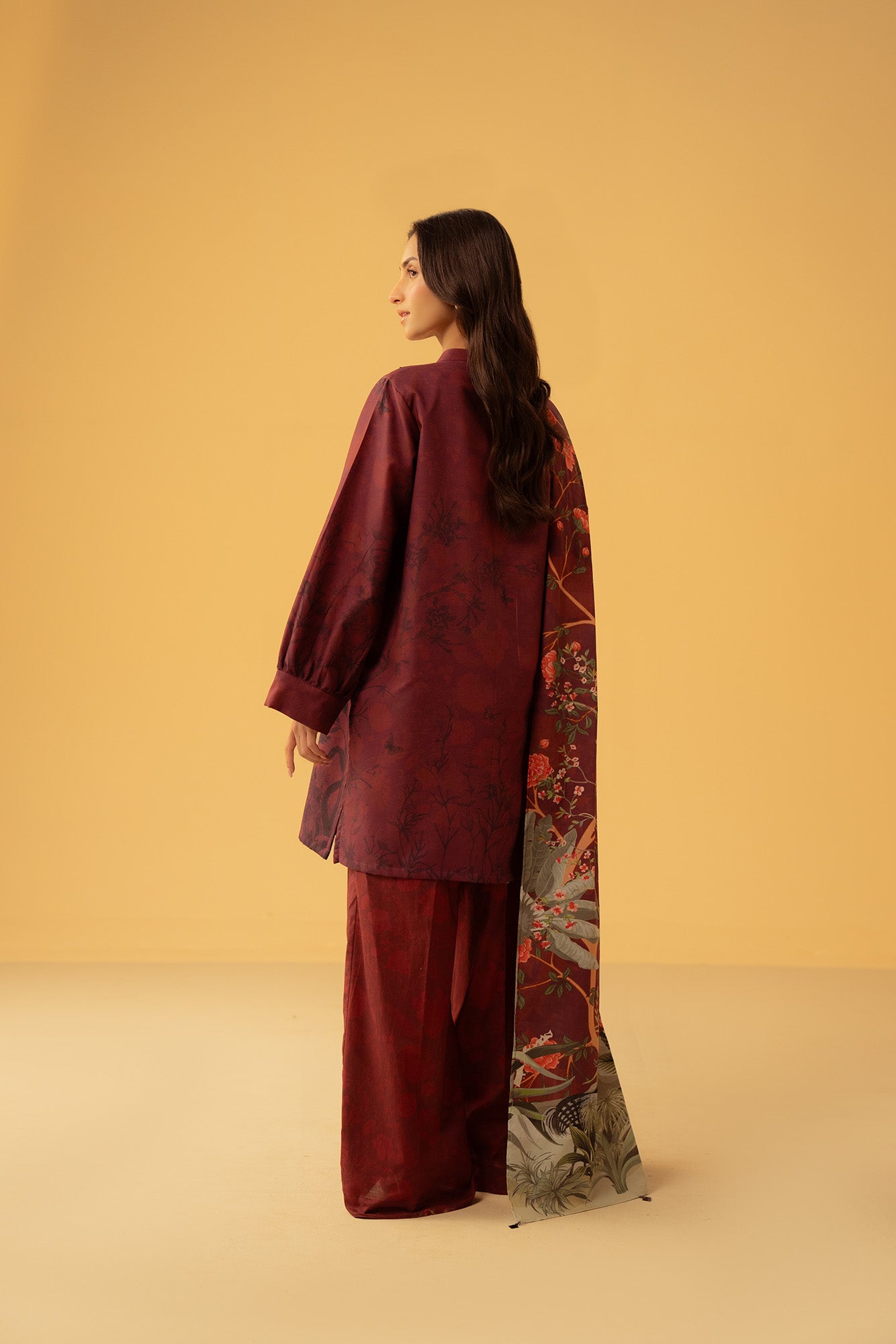 Luxury unstitched 3pc suit, digital printed maroon cambric kurta fabric, matching trouser, and colorful tussar silk dupatta for formal events