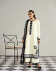 Beyond East classic white lawn kameez with black embroidery and printed monochrome dupatta summer collection
