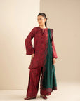 Marina suit traditional outfit: maroon embroidered-look kurta with cuffed sleeves, paired with a dark green printed border dupatta